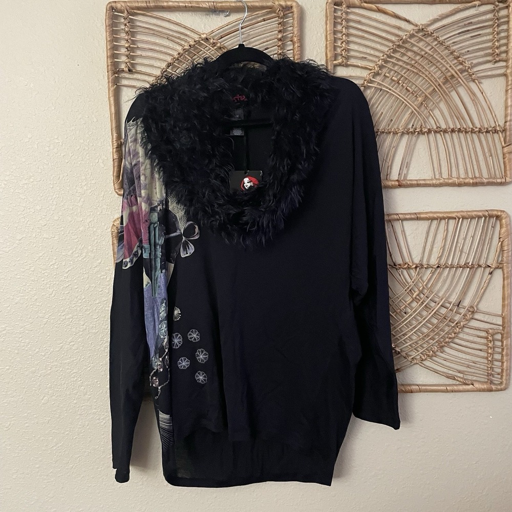 Custo Barcelona Y2K Faux Fur Neckline Top Mob Wife Hollywood Glam Sz M NWT B34